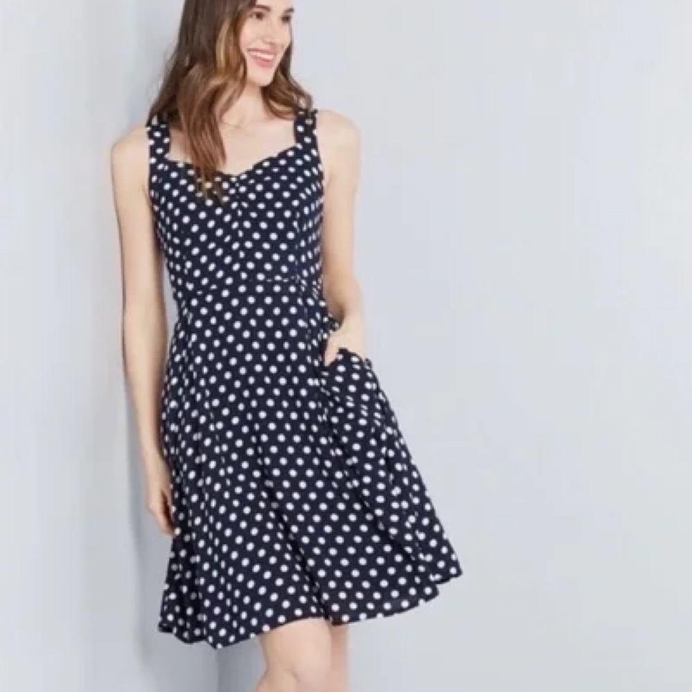 Modcloth Sleeveless Polka Dot Print Mini Dress Sweetheart Neck Navy White Small